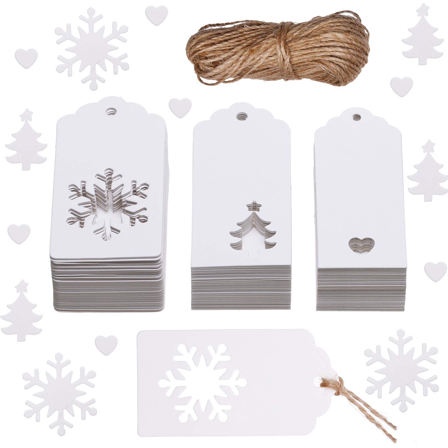 150 Pieces Tags Kraft Paper Name Tags Snowflake Heart and Christmas Trees Shapes with 20 Meters Twine for DIY Arts Christmas Holiday Present()