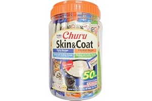 INABA Churu Lickable Purée Natural Cat Treats for Skin and Coat with Omega Oils, Taurine and Vitamin E, 0.5 Ounces Each Tube, 50 Tubes, Skin & Coat Variety