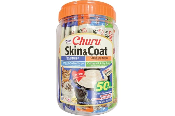INABA Churu for Skin & Coat, Lickable, Squeezable Cat Treat with Omega Oils, Taurine and Vitamin E, 14 Grams Each Tube, 50 Tu