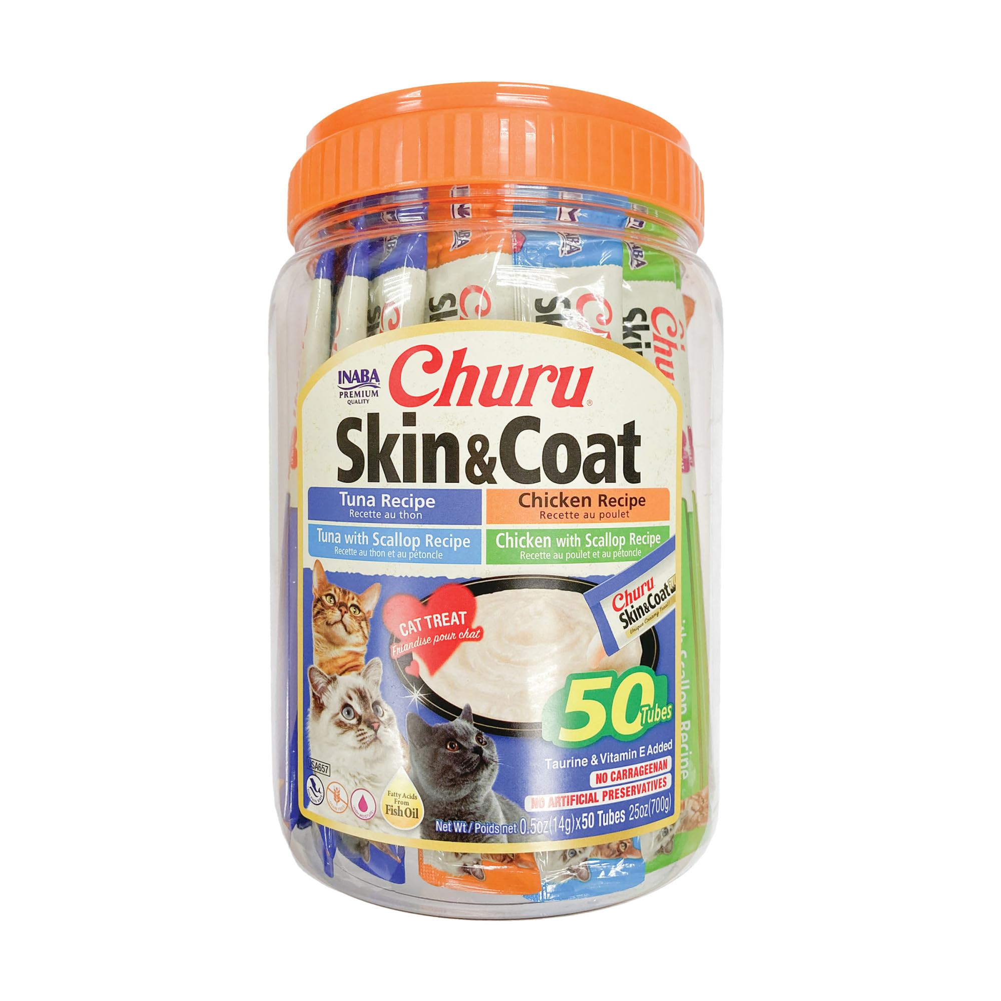 INABA Churu Lickable Purée Natural Cat Treats for Skin and Coat with Omega Oils, Taurine and Vitamin E, 0.5 Ounces Each Tube, 50 Tubes, Skin & Coat Variety Image