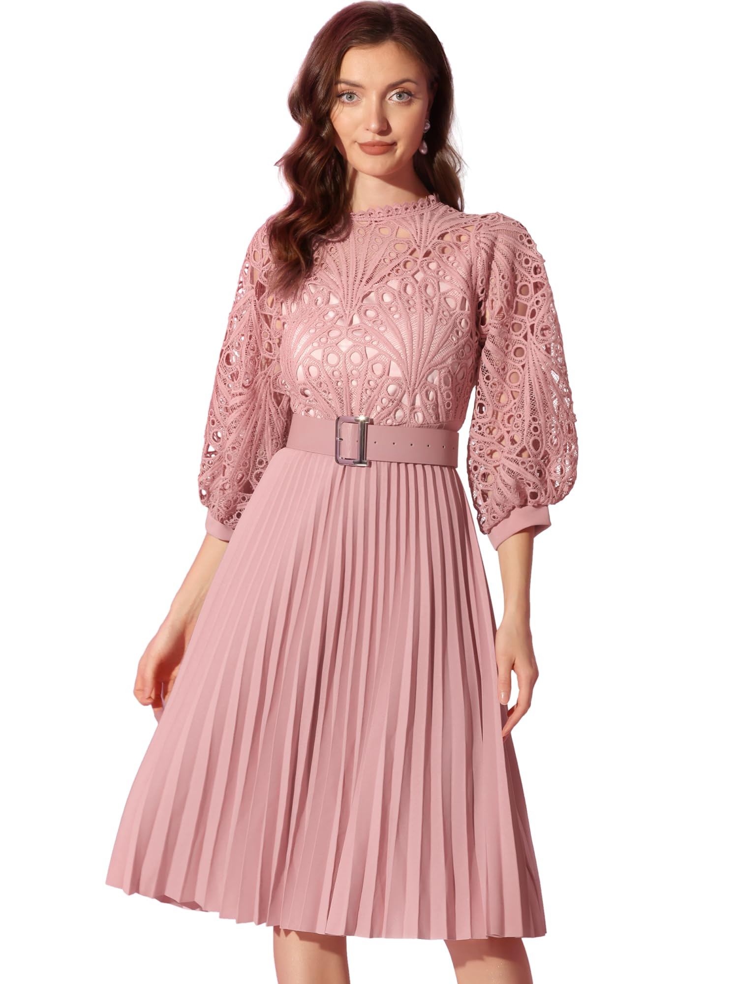 Photo 1 of Allegra K Women's Elegant Lace Crochet Lantern Sleeves Belt Loose Pleated Midi Dress Medium Pink
