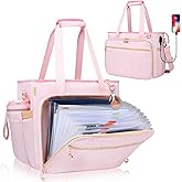 Sambois Teacher Tote Bag with Accordion File Organizer Pocket, Soft Nylon Utility Bag with 15.6 inch Laptop Compartment & USB Port, Large Work Tote Bag for Office Supplies Women (Pink)