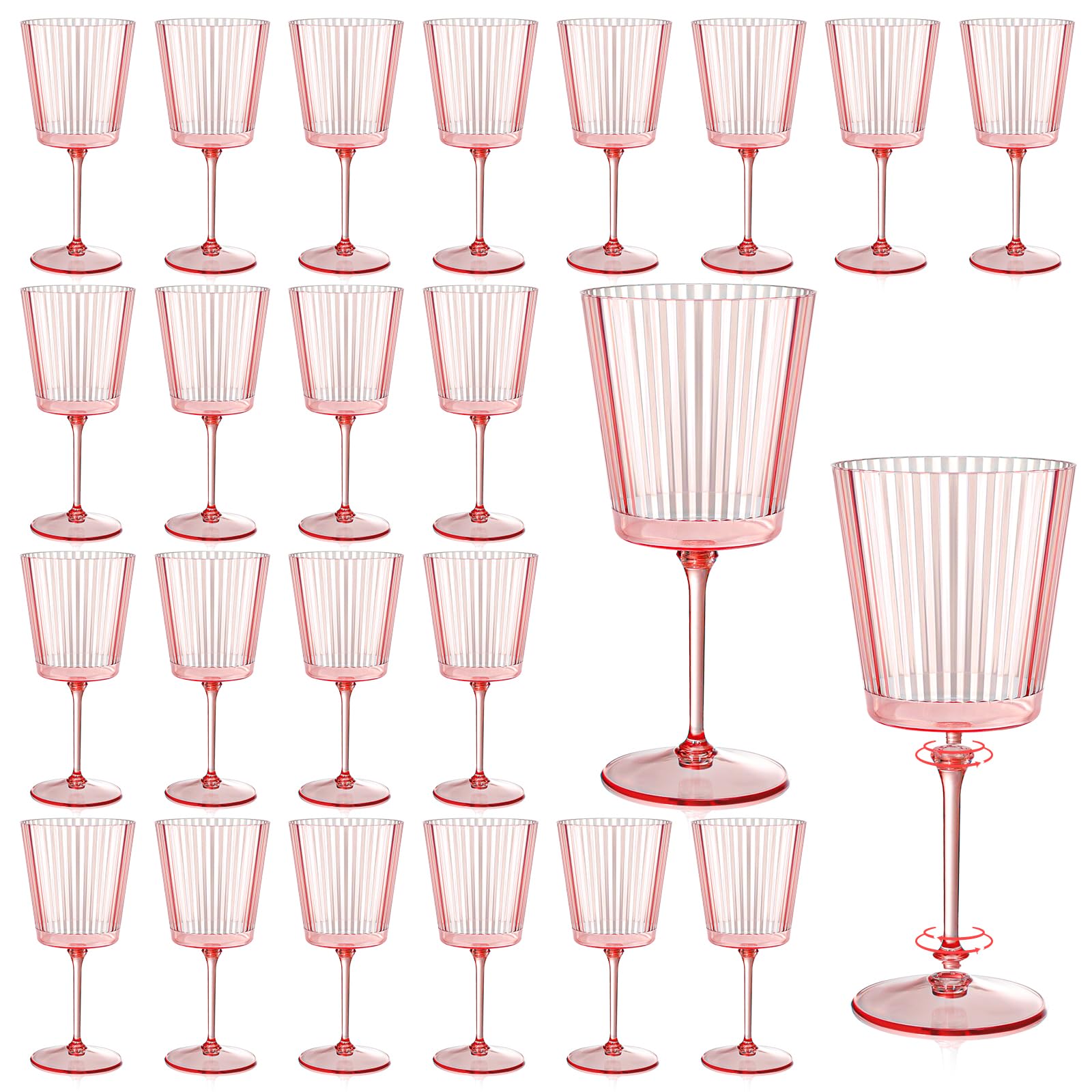 Photo 1 of 24 PCS Pink Plastic Wine Glasses with Removable Stems 13.5 OZ Ribbed Wine Glass Set Square White Wine Glasses Muted Pastel Colors Goblets Elegant Fluted Glassware for Wedding(Pink, 24 Pack)
