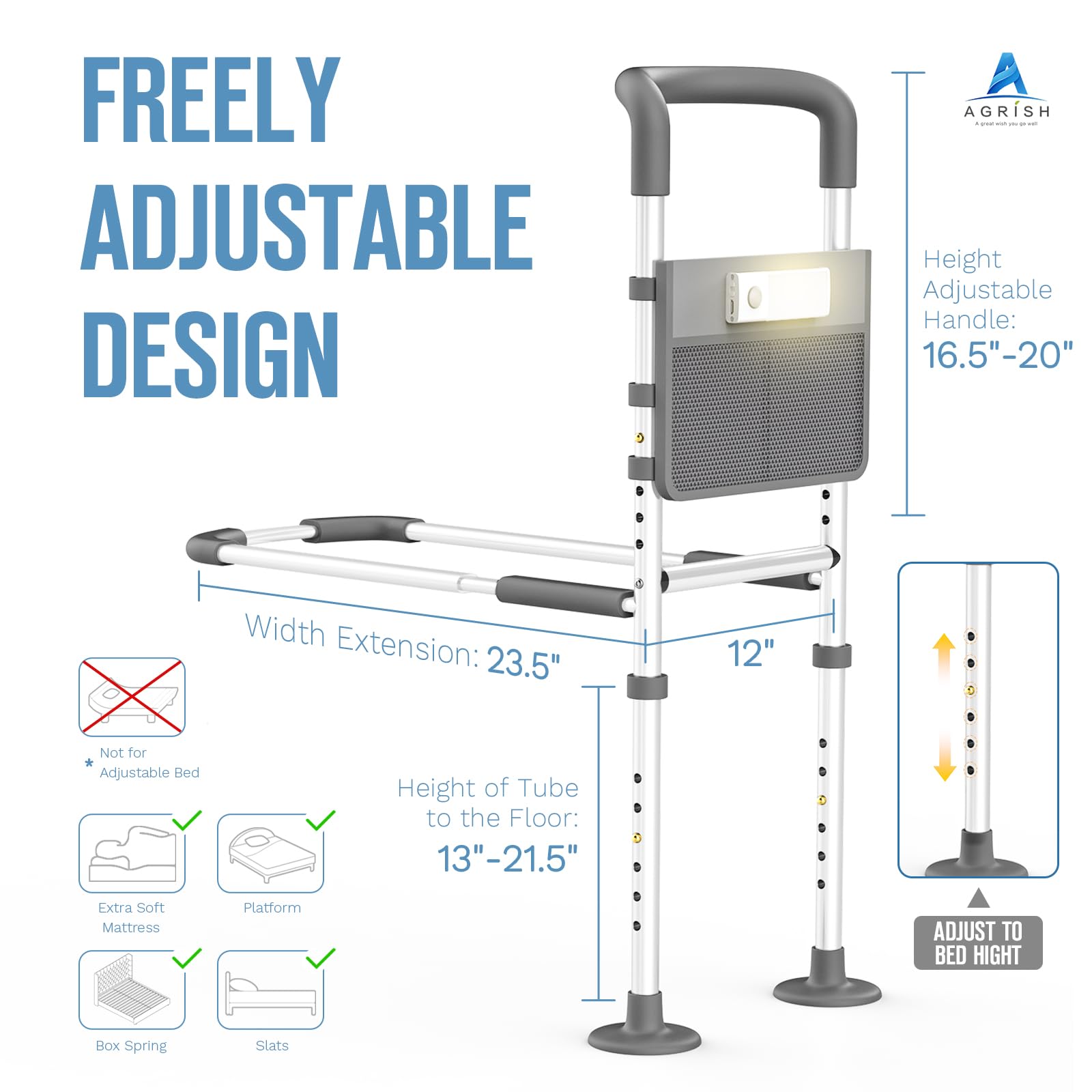 Agrish Bed Rails for Elderly Adults Safety - with Motion Light & Storage Pouch, Bedside Assist Bar with Support Legs for Seniors & Surgery Patients - Medical Bed Rail