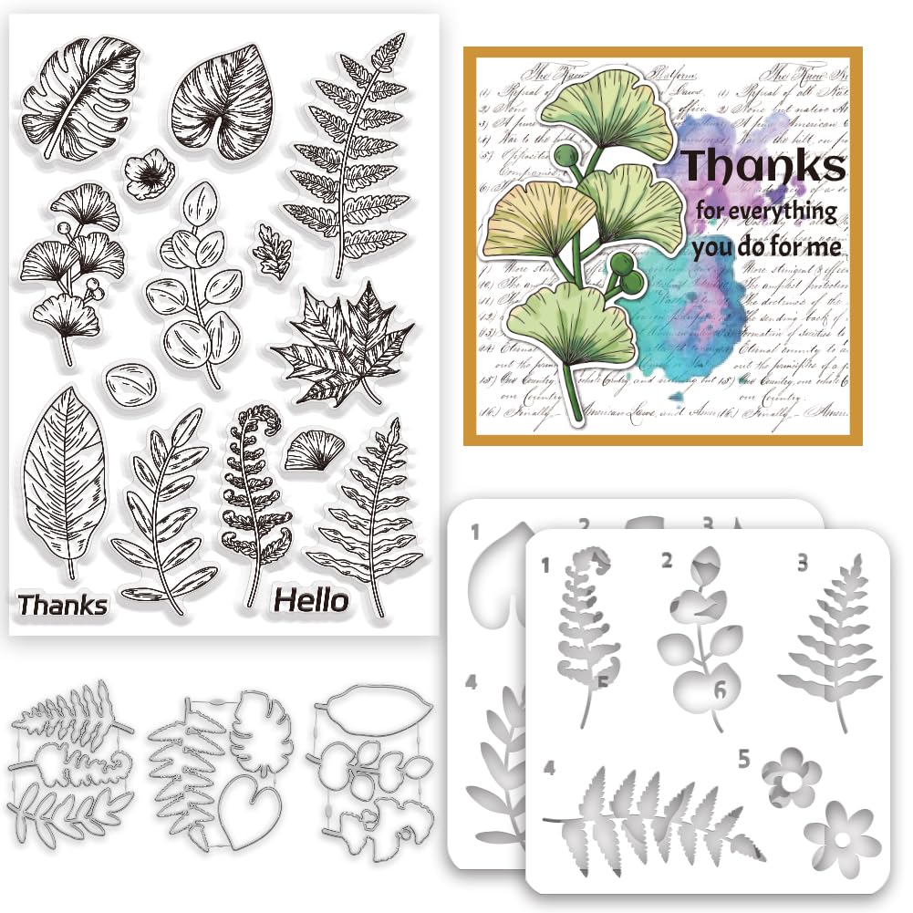 INFUNLY Leaves Stamp and Dies Ginkgo Painting Stencils A4 Size Tropical Plants Clear Stamps and Cutting Die Palm Leaves Hollow Painting Stencil Set for DIY Card Making Scrapbooking Craft Home Decor