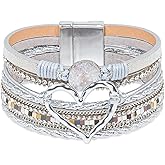 GZJINYUAN Leather Wrap Bracelet for Women, Boho Cuff Bracelet with Strong Clasp, Multi-Layer Crystal Leather Bracelet for Valentine's Day