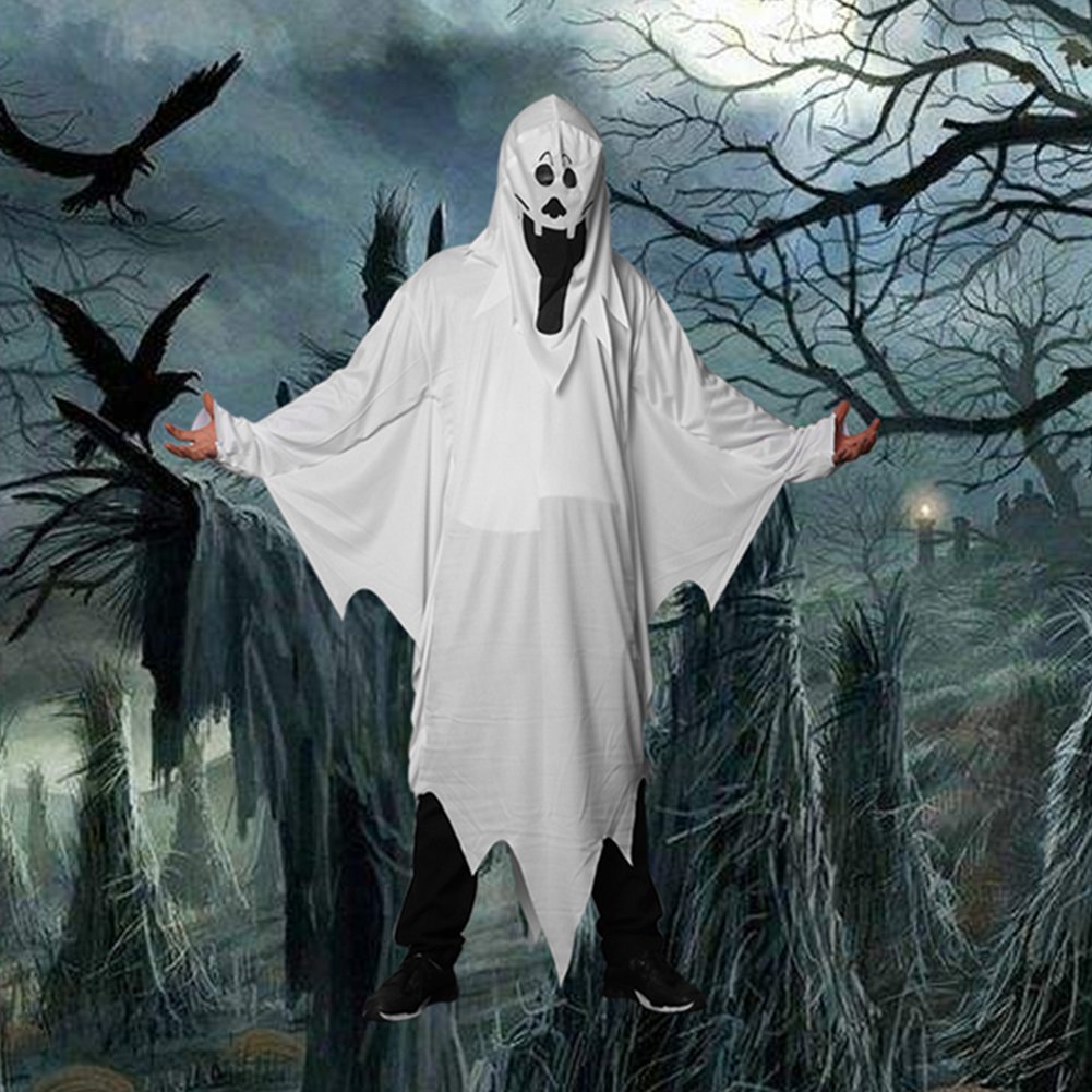 White Ghost Costume, Halloween Ghost Costume Robe with Scary Head Cover Carnival Ghost Cloak Cosplay Cape Zombie Costume Scary Fancy Dress Costumes Props Devil Headwear for Adults Teens