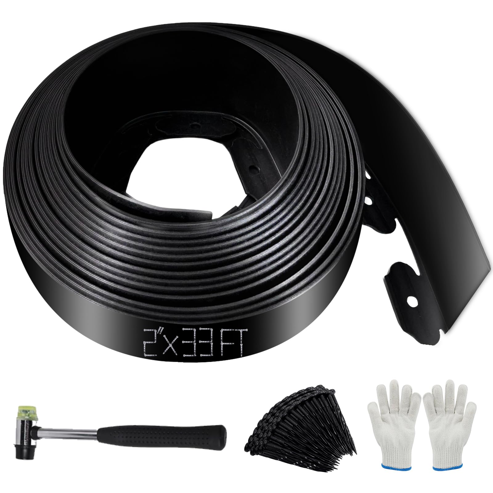 Photo 1 of No Dig Landscape Edging 2" x 33FT Kit, Plastic Edging for Landscaping with 100 Spikes, for Garden, Lawn, Flower Beds and Yard, Black