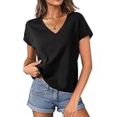Oymyakon Women Cotton Cap Sleeve Tops Cropped V Neck T Shirts Boxy Tee Shirt Loose Fit Short Sleeves Casual Summer Blouse