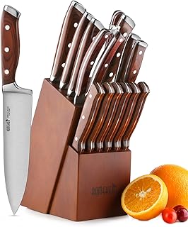 ROMEKER Messerblock Set Messer Küchenmesser Kochmesser Brotmesser Tranchiermesser Universalmesser Schälmesser Santokumesser Steakmesser Haushaltschere Wetzstahl,9-20cm Klingenlänge,15-Teilig