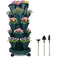 DUNCHATY Stackable Planter, Vertical Garden Planter Wheels Tools, Self Watering Strawberry Planter Indoor/Outdoor 5 Tier Garden Tower Herb Planter Growing Vegetables Succulents,Pine Green