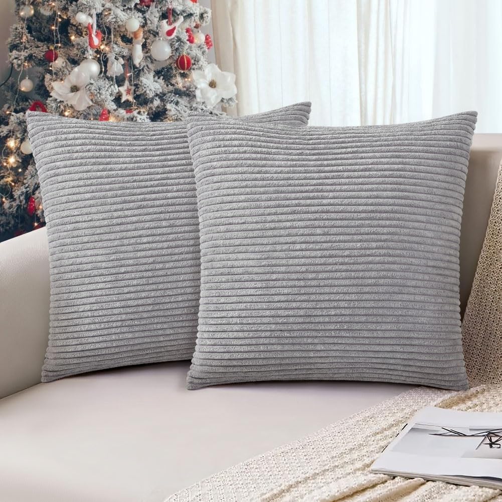 AUAUY Corduroy Cushion Covers, 45 x 45 cm Pack of 2 Super Soft Corduroy Grey Cushion Covers, Decorative Modern Pillow Covers Soft Pillowcase Cushions for Home Spring Decor Sofa Couch-Striped — image 1