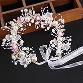 Kids Flower Girl Pearl Headband, Princess Headpiece for Bridal Wedding, Women's Fashion Hair Accessory (Pink)