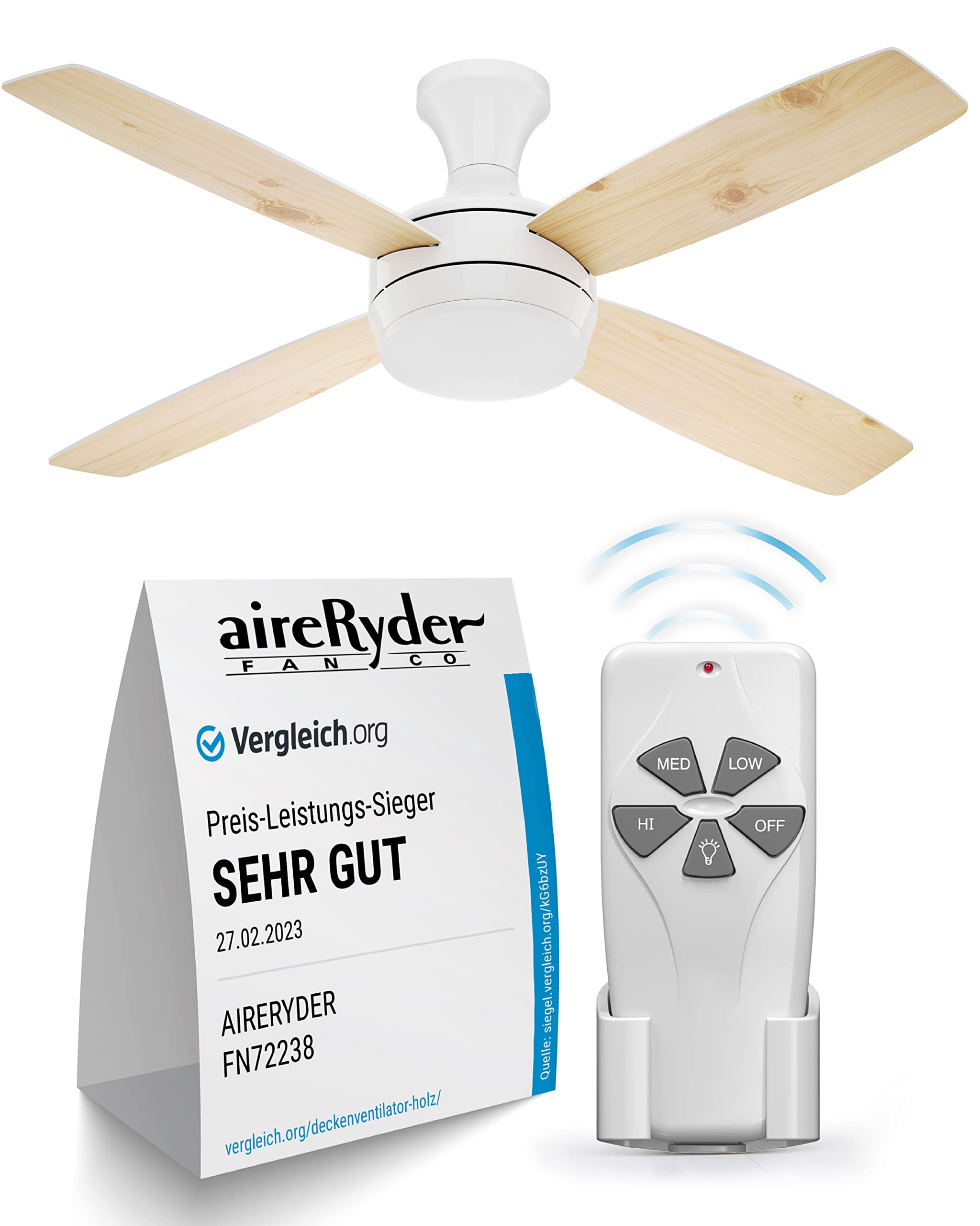 AireRyder Ceiling fan with lighting and remote control Saturn, white, wings pine and white, 132 cm