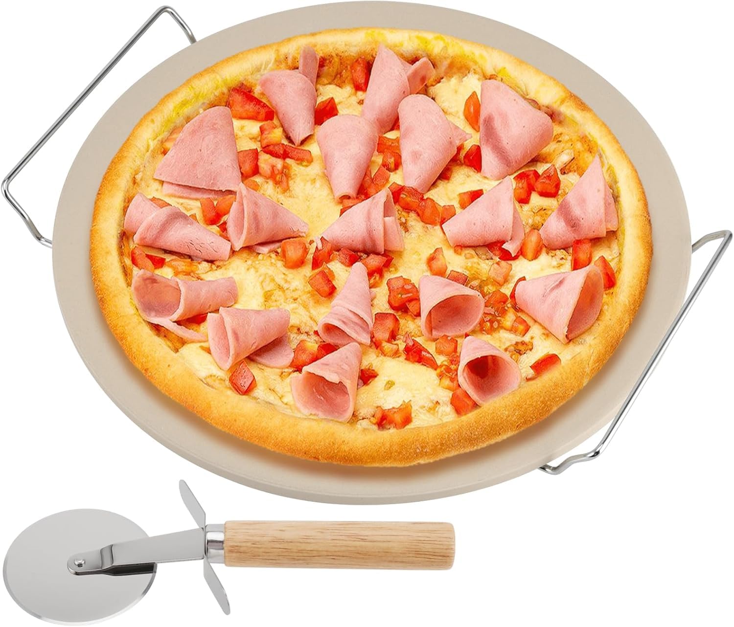 FUNSUEI 33cm Pizza Stone with Metal Stand and Pizza Cutter, Oven Stone Plates for Bread Baking