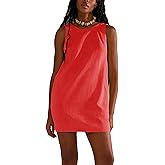 Megfie Womens Summer Crew Neck Sleeveless Open Back Dress Casual Beach Sunshine Cotton Linen Mini Dress