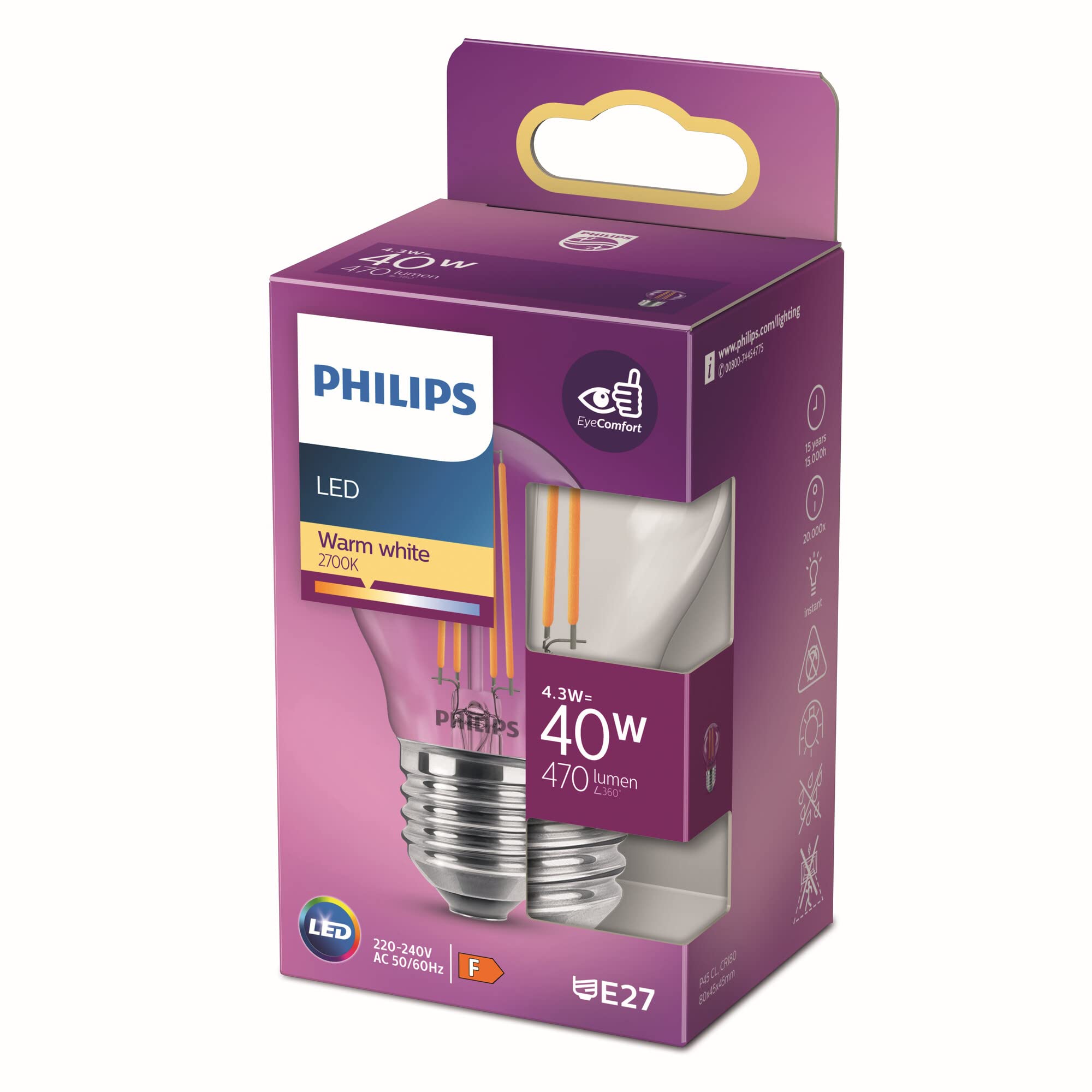 Philips LED Premium Classic Lustre Light Bulb [E27 Edison Screw] 4.3W - 40W Equivalent, Warm White (2700K), Non Dimmable