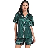 Super Shopping-zone Women's Satin Pajama Set Silk Pjs Button Down Pajamas Short Sleeve Sleepwear Lounge Set