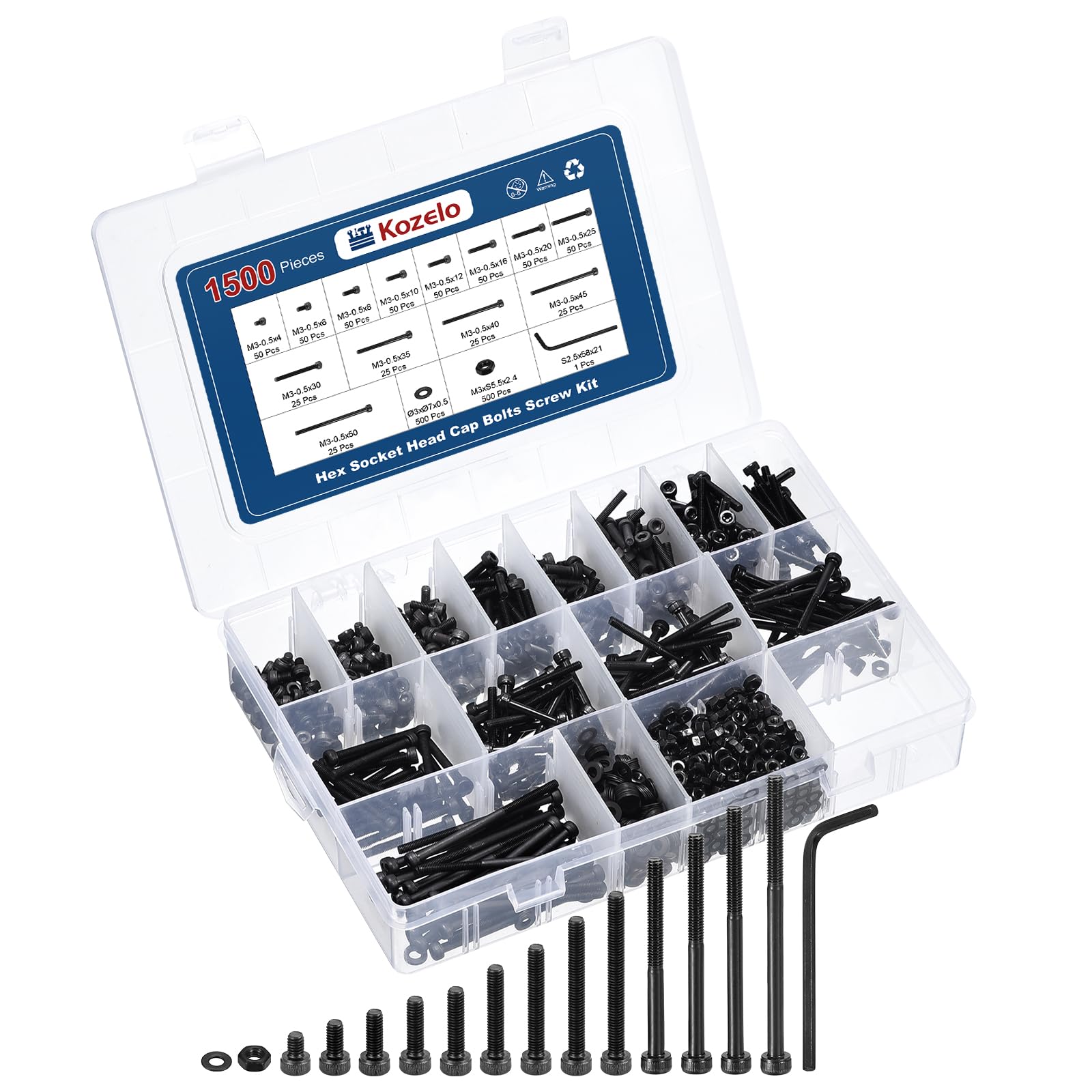 Kozelo 1500pcs Socket Head Cap Screws Bolt Nuts Assortment Kit - [M3x4/6/8/10/12/16/20/25/30/35/40/45/50mm] Alloy Steel Black Oxide 12.9 Internal Hex Screw for 3D Printer Use, with Wrench — image 1