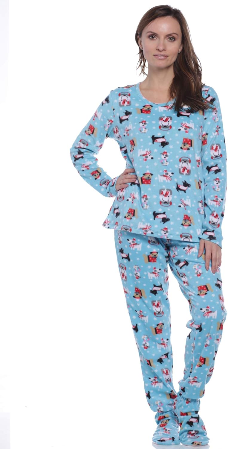 Pillow Talk Women's HeartPrint Microfleece Footed Pajama Set, Blue