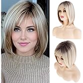 Baruisi Highlight Blonde Bob Wig with Bangs Short Straight Synthetic Dark Roots Women Wig Daily Party Use