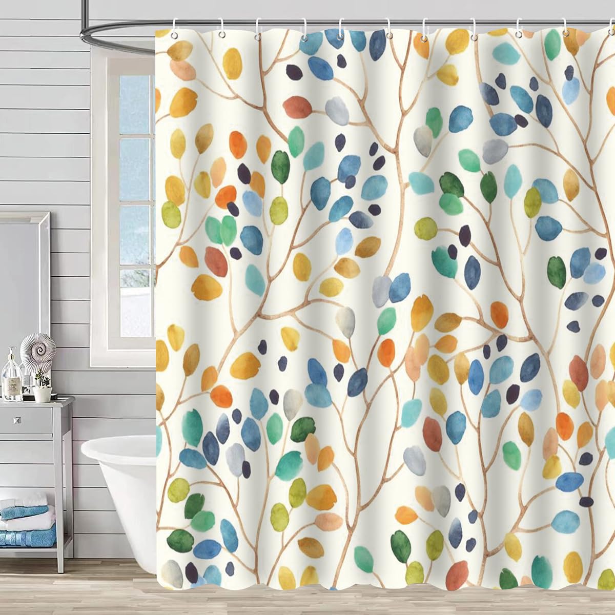 Hozzwhoo Waterproof Shower Curtain for Bathroom, Colorful Floral Leaves Curtain Bathroom Decoration with 12 Pcs Curtain Hook, 72 x 72 Inch