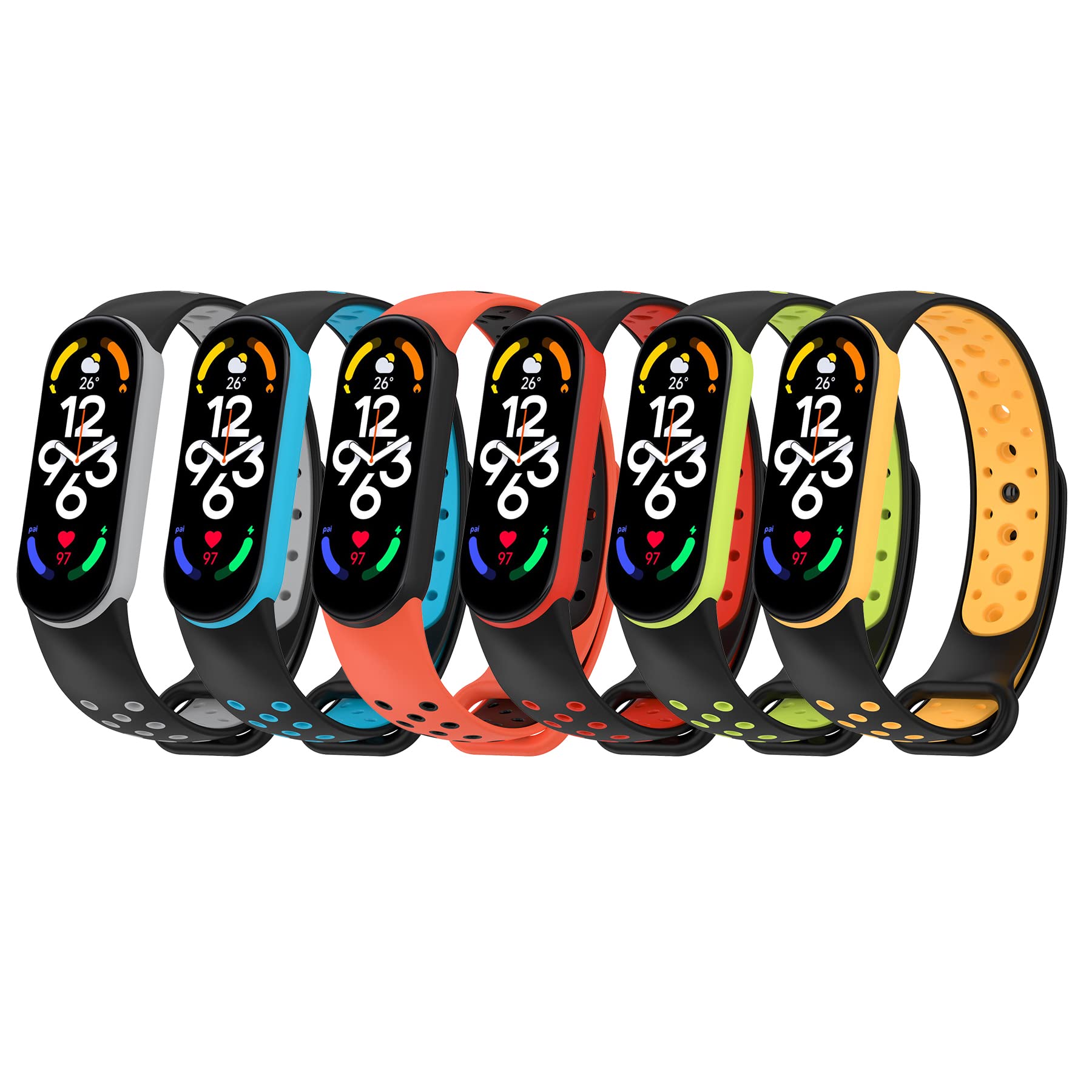 CHULN 6 Packs Strap Compatible for Xiaomi Mi Band 7/Xiaomi Mi Band 6/Xiaomi Mi Band 5/Amazfit Band 5, Waterproof Sport Soft Silicone Smart Replacement Bands for Xiaomi Mi Band 7/6/5