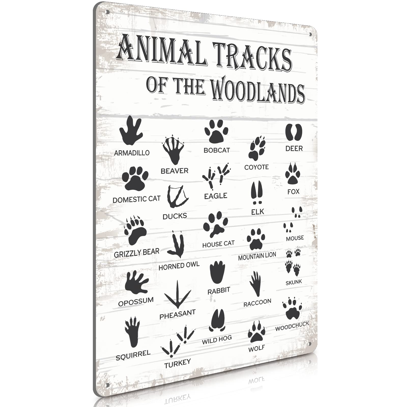 Photo 1 of 8 x 12 Inch Animal Track Field Guide Sign Nursery Baby Boys Kids Tin Sign Woodland Nature Forest Cabin Log Rustic Animal Track Farmhouse Gifts Country Theme House Wall Metal for Home Bedroom Decor Men