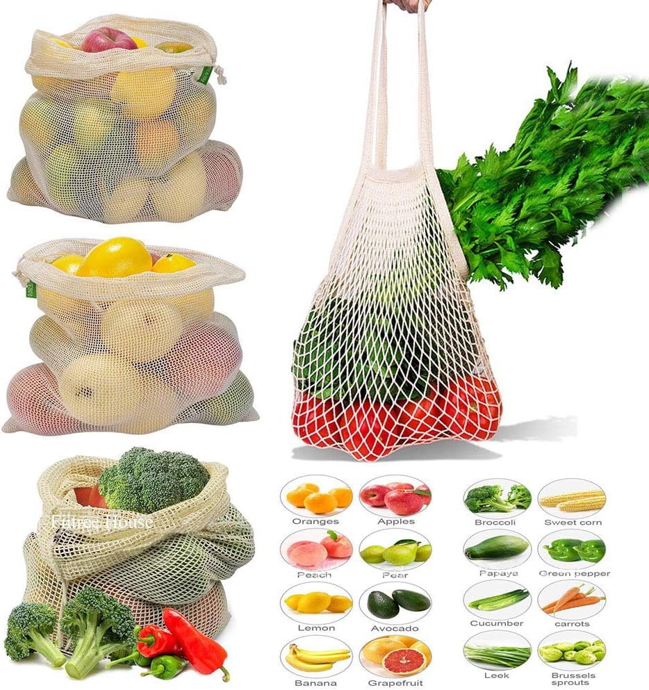 Reusable Produce Bags with Drawstring 4PCS Organic Mesh Cotton Storage