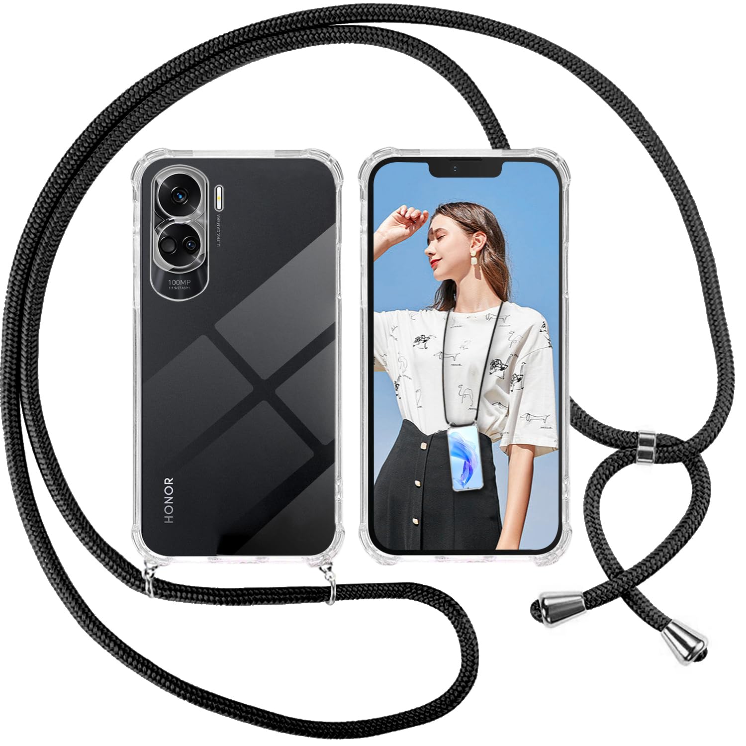 ISOI Mobile Phone Chain Case Compatible with Honor 90 Lite, Silicone Rope Necklace, Mobile Phone Case with Cord Bag, TPU Bumper Protective Case for Honor 90 Lite - Black