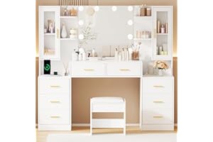 ANWBROAD 59.1" Large Vanity Desk with Mirror & Lights White Makeup Vanity Set with Power Outlet and 8 Drawers 3 Lighting Modes Adjustable Dressing Table for Girl Women Bedroom Dressing Room UBDT67W
