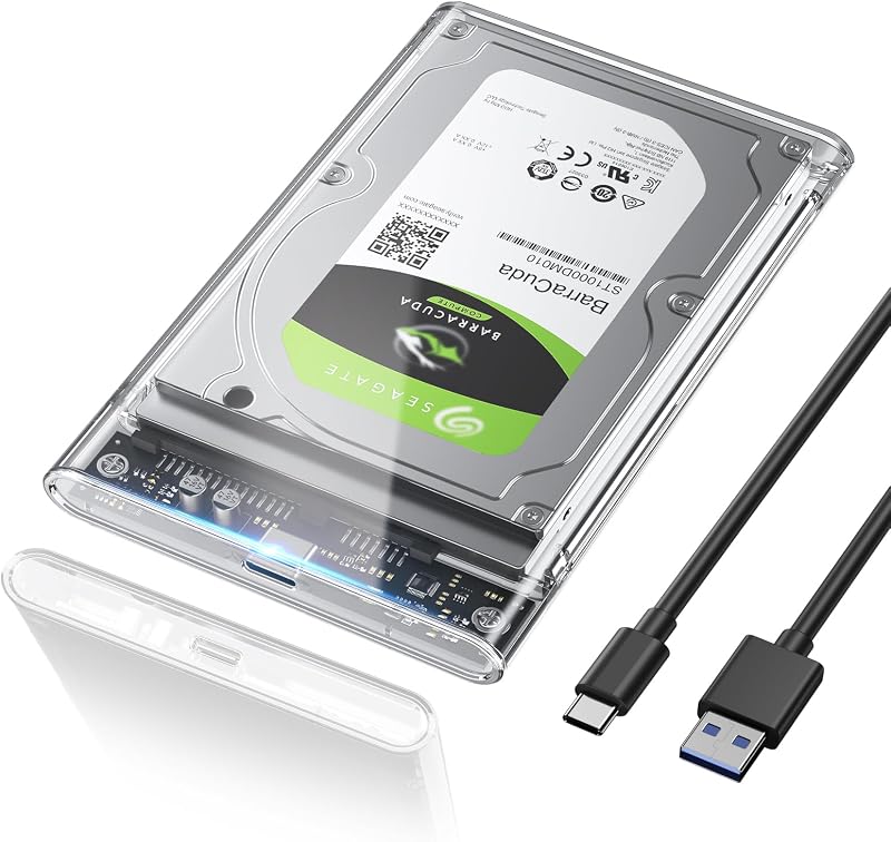 Carcasa Disco Duro 2,5, 6Gbps USB C 3.1 Gen 2 Caja Disco Duro para HDD SSD SATA I/II/III de 7mm y 9.5mm de Altura con Cable USB, Sopporta UASP&TRIM, no Requiere Herramientas-Transparente Caja