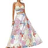ksotutm Floral Print Two Piece Sets for Women Sleeveless Halter Tops Match A Line Maxi Skirt Summer Outfits for Going Out
