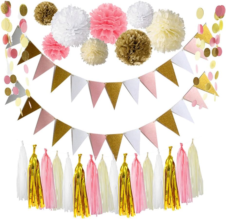 Ipalmay Pink Gold White Theme Wedding Decoration Set, Mix Color Triangle Glitter Banner, Variety of Tissue Pom Poms with Tissue Tassel, Glitter Polka Dot Paper Garland