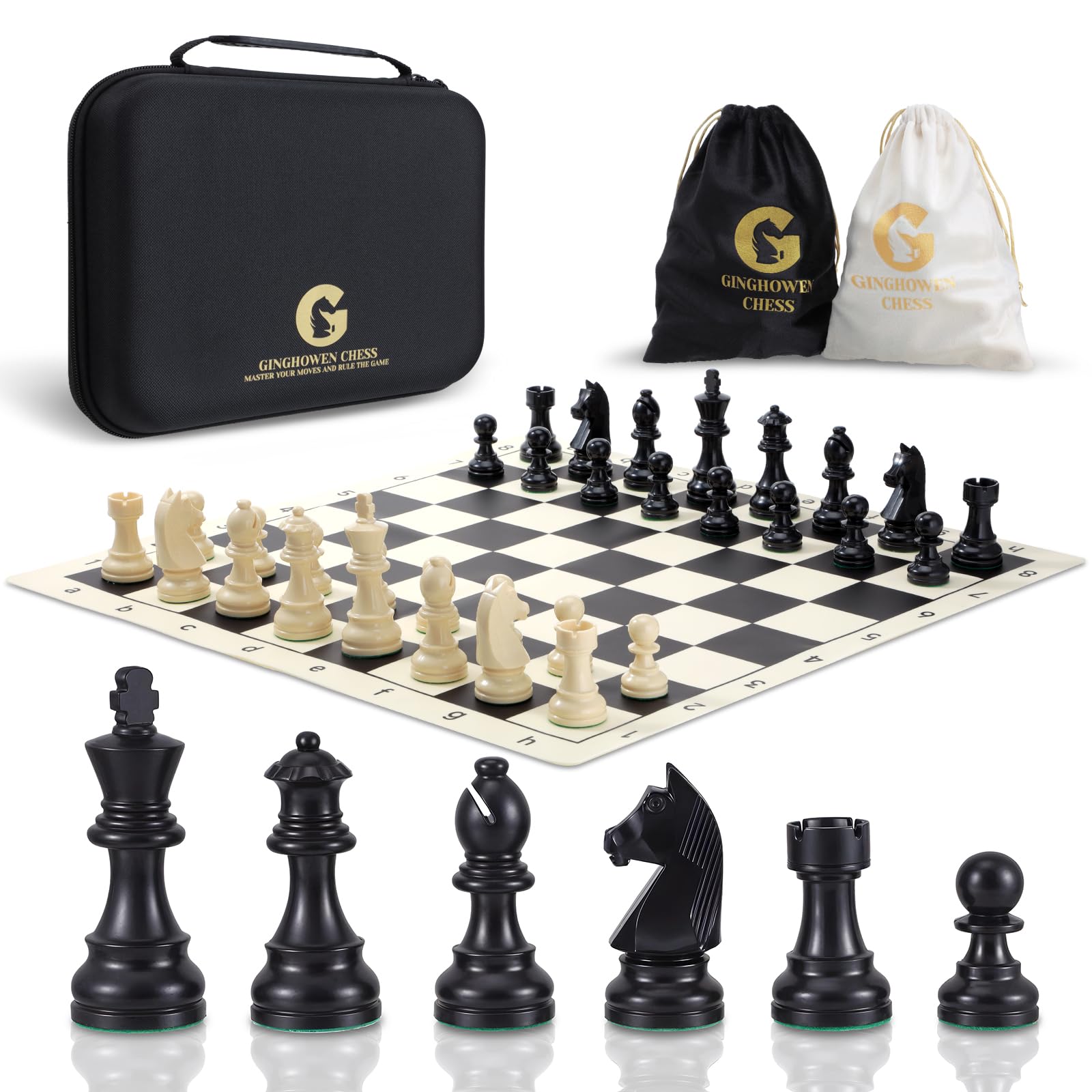 Chess Set - 20" Silicone Chessboard Set, 3.85" King Height Weighted Pieces with 2 Extra Queens, Foldable Chessboard, Portable Travel Tournament Chess with Carry Bag