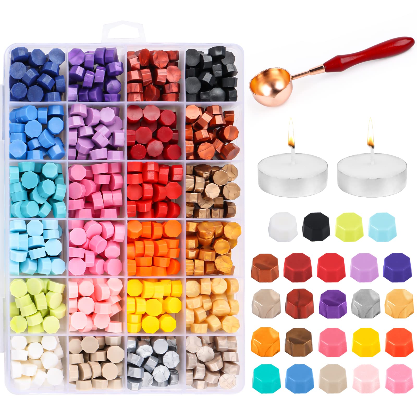 Wax Seal Kit, 24 Colours Sealing Wax Octagonal, 600 pcs Sealing Wax Beads with 2 Wax Candles and 1 Melting Spoon, Wax Stamp Seal for Wax Seal, Stamp Envelope, Letter Paper, Card, Postcard