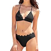 Vivola Bikini Sets for Women V Neck Scalloped Edge Bathing Suit Sexy Back Tie Strap Swimsuit for Beach and Pool Black