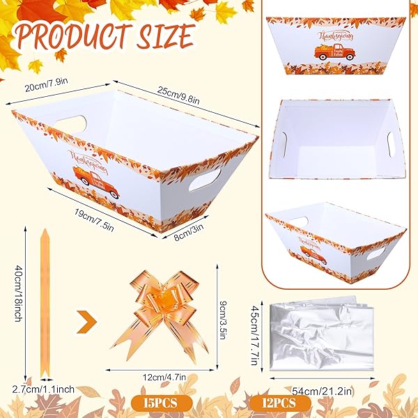 YEAQEE 12 SET 10″ X 8″ X 4.5″ THANKSGIVING GIFT BASKETS BULK 12 EMPTY BASKETS WITH 15 PULL BOWS 15 BAGS PUMPKIN FALL LEAVE BASKET AUTUMN HARVEST THEMED GIFT BOX FOR FALL AUTUMN PARTY FAVORS