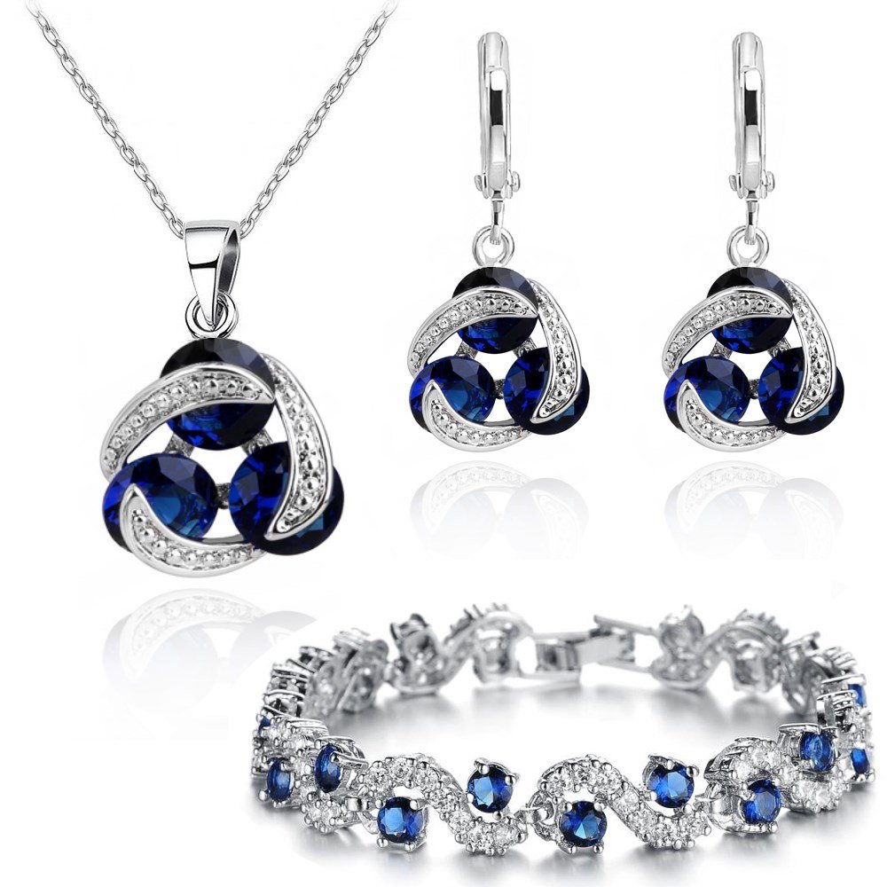 Crystalline Azuria Women 18ct White Gold Plated Blue Simulated Sapphire Zirconia Crystals Jewellery Set Pendant Necklace 17.7 inches Earrings Bracelet