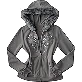 GORGLITTER Women's Graphic Fur Zip Up Hoodie Sweatshirt Y2K Fuzzy Long Sleeve Hooded Jacket Streetwear Western