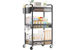 YASONIC 3 Tier Rolling Cart – Metal Utility Storage Carts with Wheels, Craft Cart Organizer with Hanging Cups, Hooks, Mesh Basket for Bedside Kitchen Office Art, Black