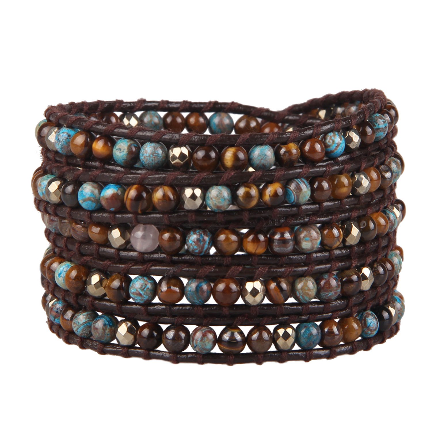 KELITCH Healing Hematite Crystal Bead Bracelets Strand Bracelets on Brown Natural Leather Bracelet for Women