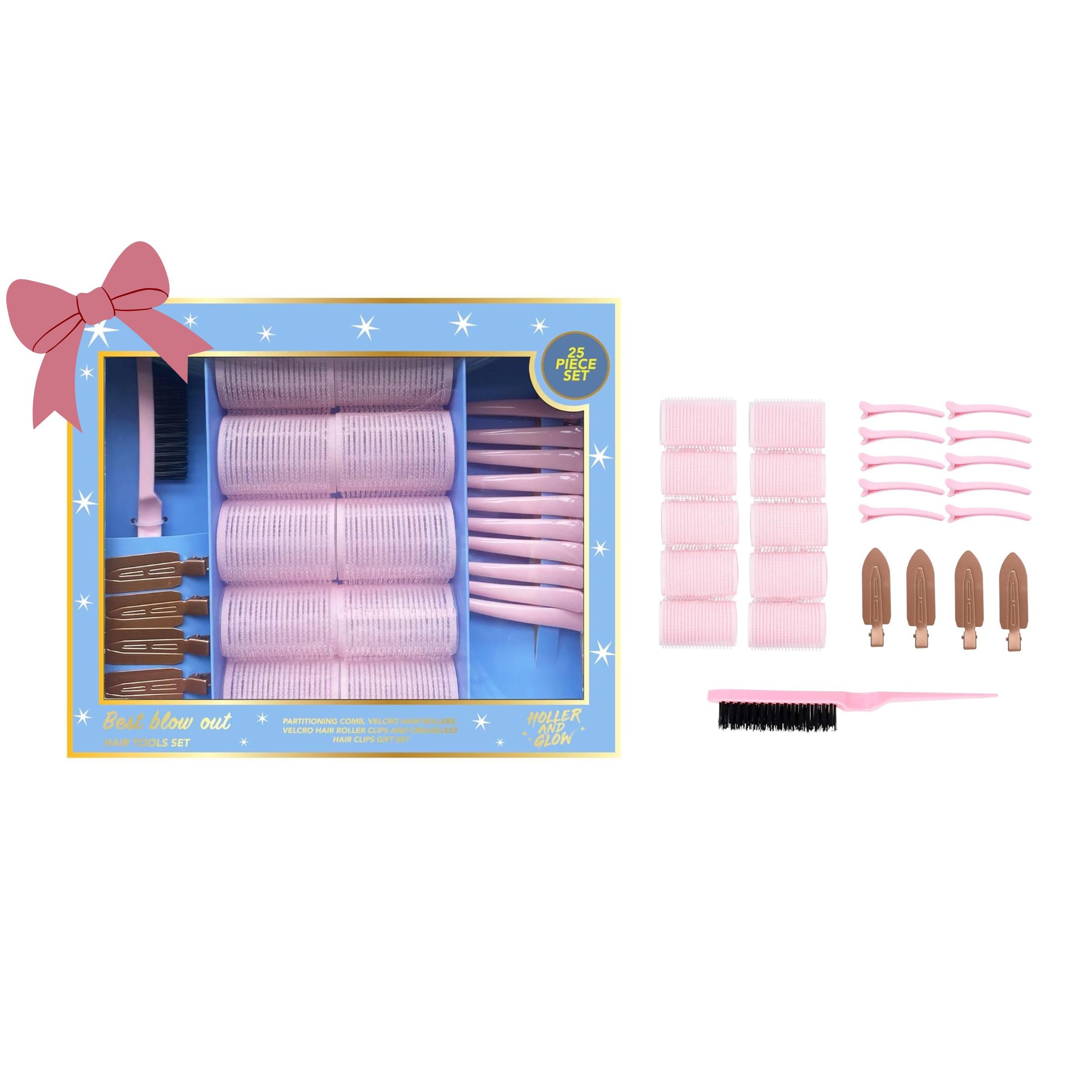 Holler And Glow Limited Edition Best Blowout Tools Set, Velcro Rollers, No Crease Hair Clips, Slick Brush, For Lift & Volume, Damage Free Styling, Suitable for All Hair Types, 25 Piece Gift Set