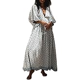 Women Boho Maxi Dress Floral Puff Sleeve V Neck Loose Flowy Long Dress Bohemian Beach Sundress