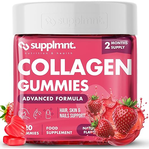 Supplmnt. Marine Collagen Gummies, Hydrolysed Collagen Peptides w/Biotin, Hyaluronic Acid & Vitamin C, Collagen Supplements for Women & Men, Collagen for Skin, Hair & Nails (One Size, Strawberry)