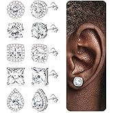 JeryWe 5 Pairs 316L Surgical Steel Cubic Zirconia Stud Earrings for Women Men Hypoallergenic CZ Earring Stacks Brilliant Simulated Square Round Teardrop Halo Earrings for Women Trendy