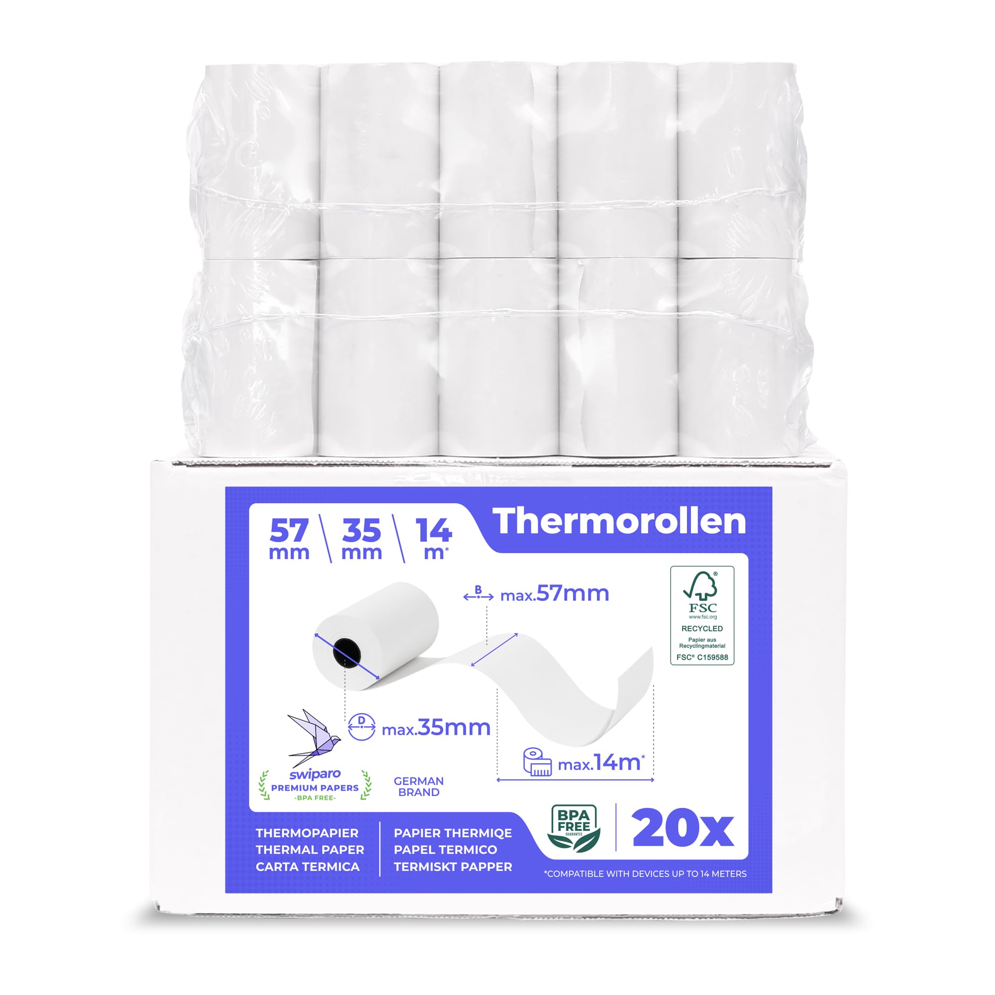 Swiparo - Ec-Cash thermal rolls 57 mm x 14 m x 12 mm - cash register rolls - thermal paper - receipt rolls for bankcomat - credit card reader (57x35x12) (20 Rolls)