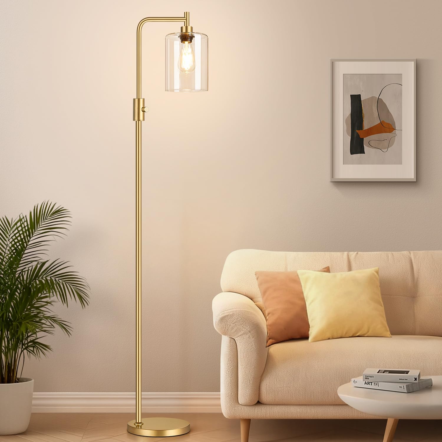 Photo 1 of ?Upgraded?Dimmable Gold Floor Lamp for Living Room with Clear Glass Lampshade, Glass Modern Floor Lamp with 900LM Edison Bulb Included, Standing Tall Lamp for Bedroom, Office, Reading Room, Corner