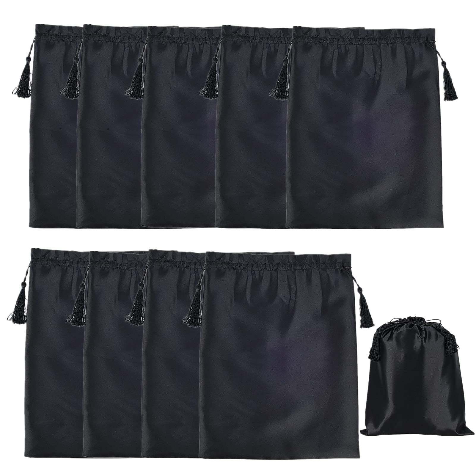 Onecen 10 Pieces Wig Satin Bags with Drawstring Tassels, Silk Satin Wig Bags Hair Storage Bags for Packaging Wigs Bundles Hair Extensions Travel Bag (Black)
