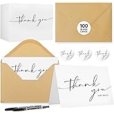 NESCCI 100 PCS Thank You Cards With Envelopes and Stickers,Classy 4x6 Blank Thank You Cards,Thank YouNotes for Wedding, Small Business, Baby & Bridal Shower(White)